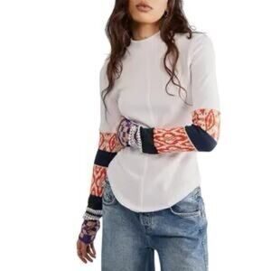We The Free White Top with Multicolor Sleeves